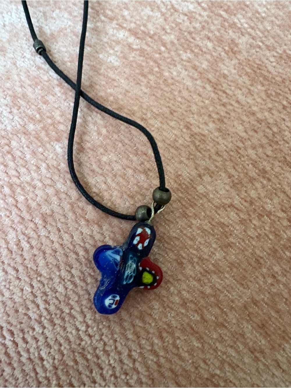 Blue Multicolor Glass Pendant Necklace on Black Cord